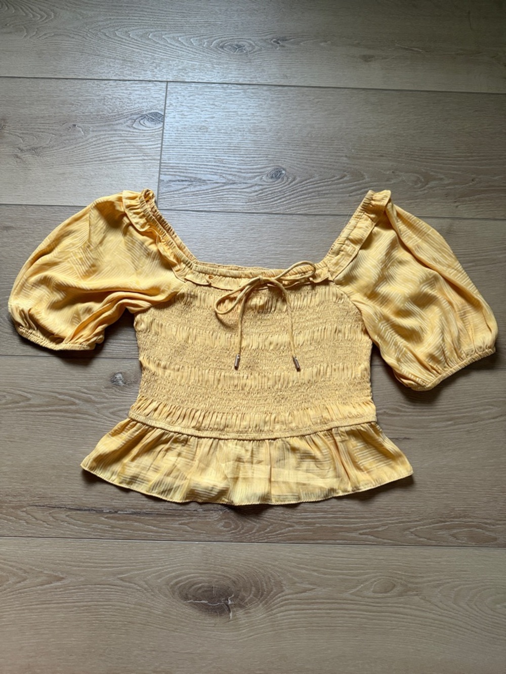 NWT Skies are Blue - Yellow Smocked Peplum Puff-Sleeve Top